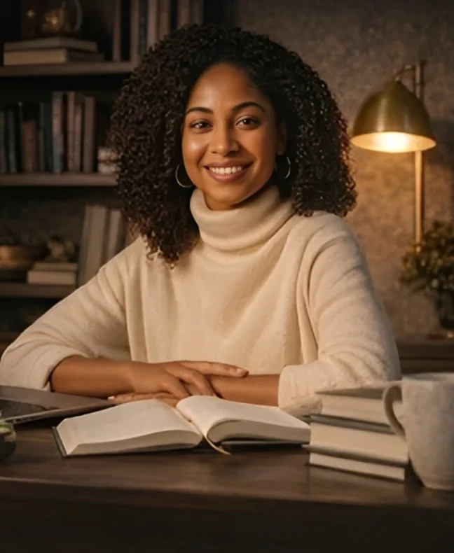 A smiling adult learner at a desk with an open book and laptop