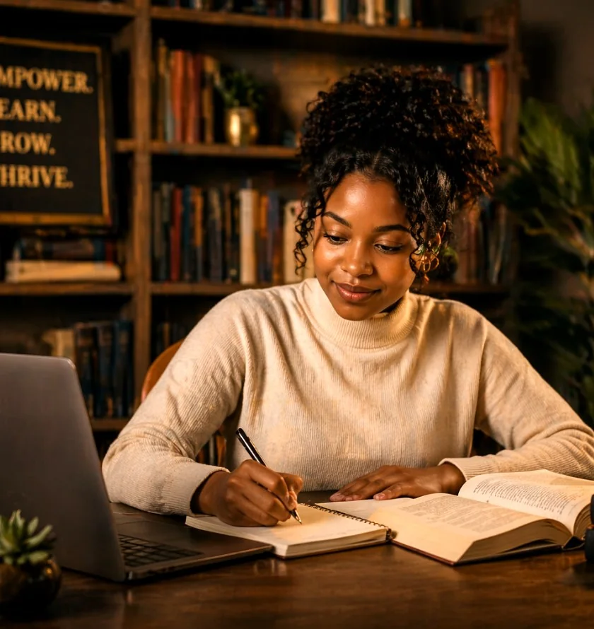 A woman writing in a notebook at a desk in a warm, book-lined room